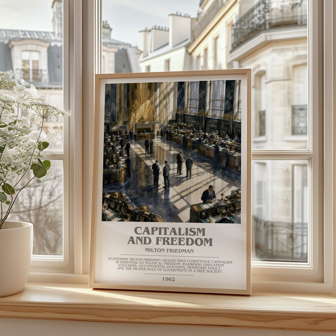 Capitalism and Freedom bookish print in frame leaning in hallway – non fiction wall art