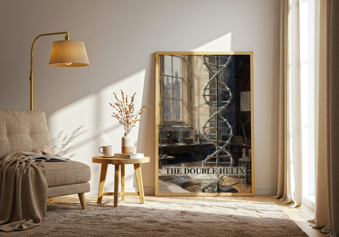 The Double Helix watercolour print in frame leaning in hallway – memoir wall art