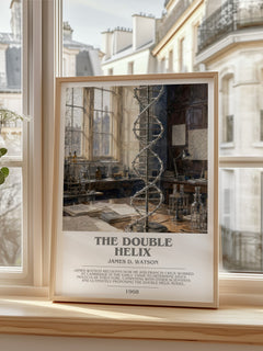 The Double Helix bookish print in frame leaning in hallway – memoir wall art