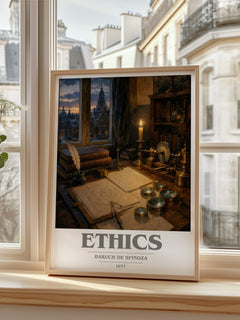 Ethics book cover print in frame leaning in hallway – philosophy wall art