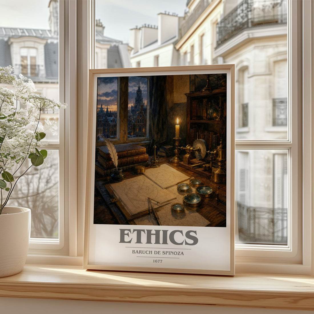 Ethics book cover print in frame leaning in hallway – philosophy wall art