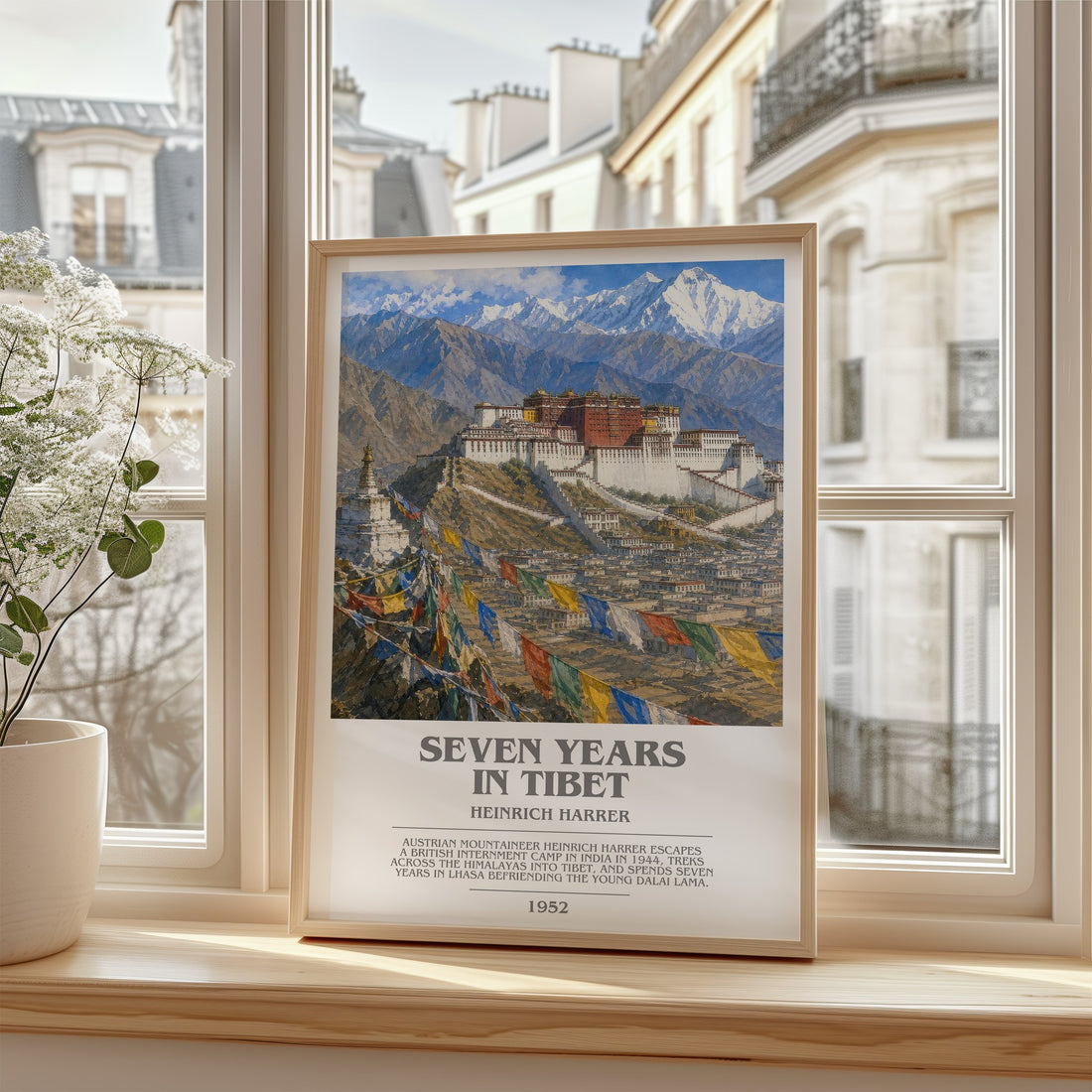 Seven Years in Tibet Bookish Wall Art by Heinrich Harrer – framed print by a bright window