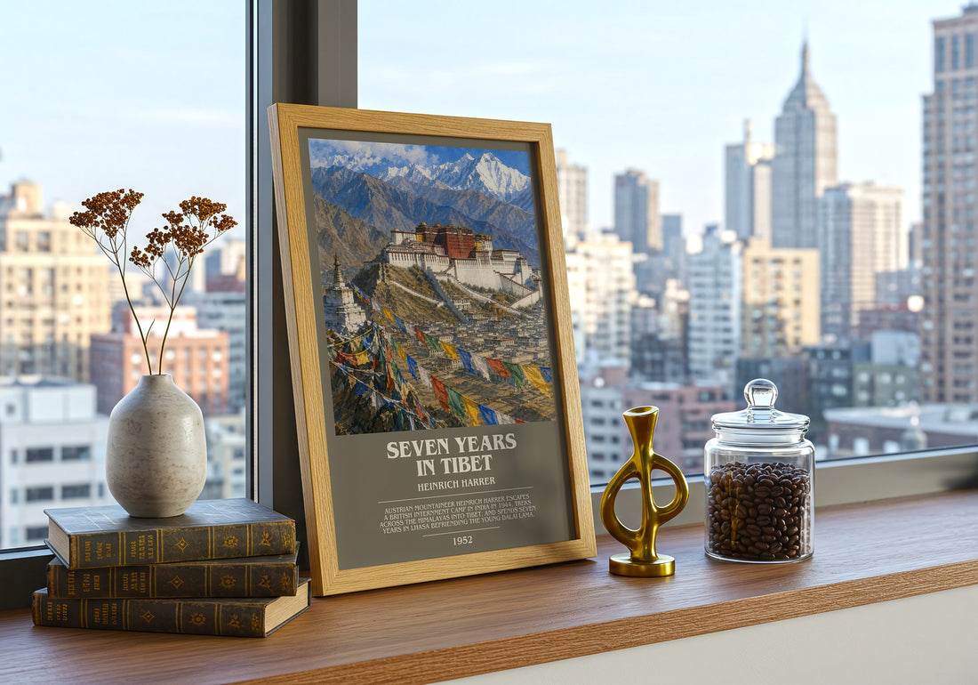 Seven Years in Tibet Bookish Wall Art by Heinrich Harrer – framed print on a city-view windowsill