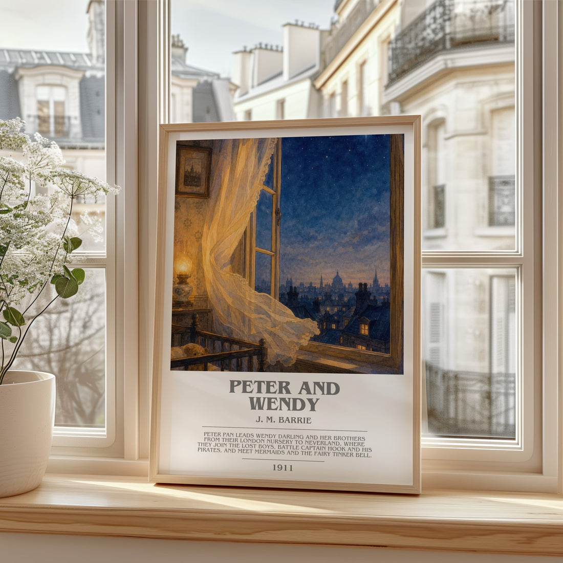 Peter And Wendy bookish print in frame leaning in hallway – childrens wall art
