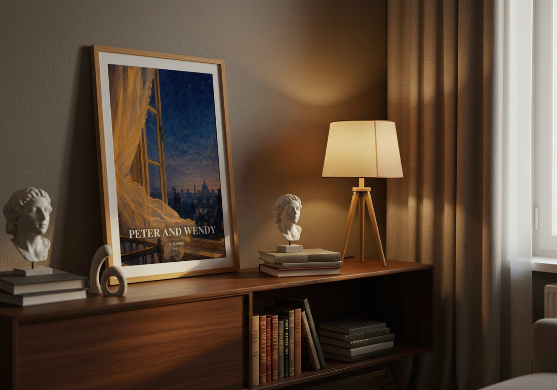 Peter And Wendy watercolour print on bookshelf – J. M. Barrie fan gift