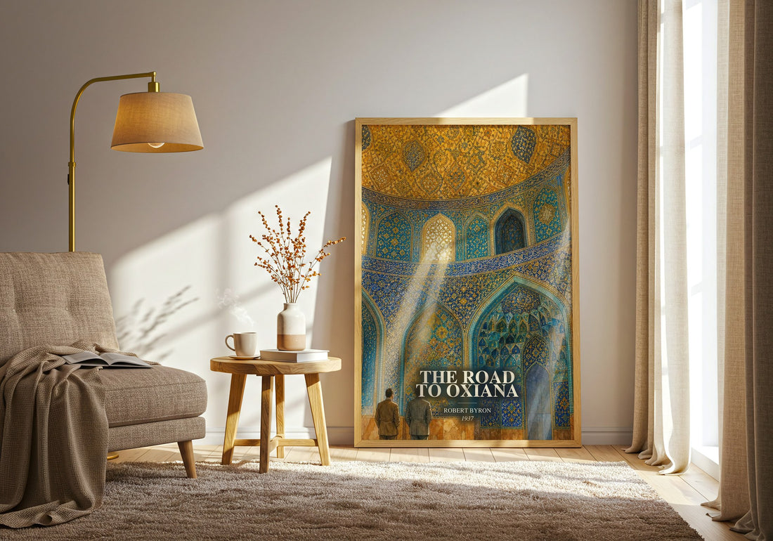 The Road to Oxiana watercolour print in frame leaning in hallway – non fiction wall art