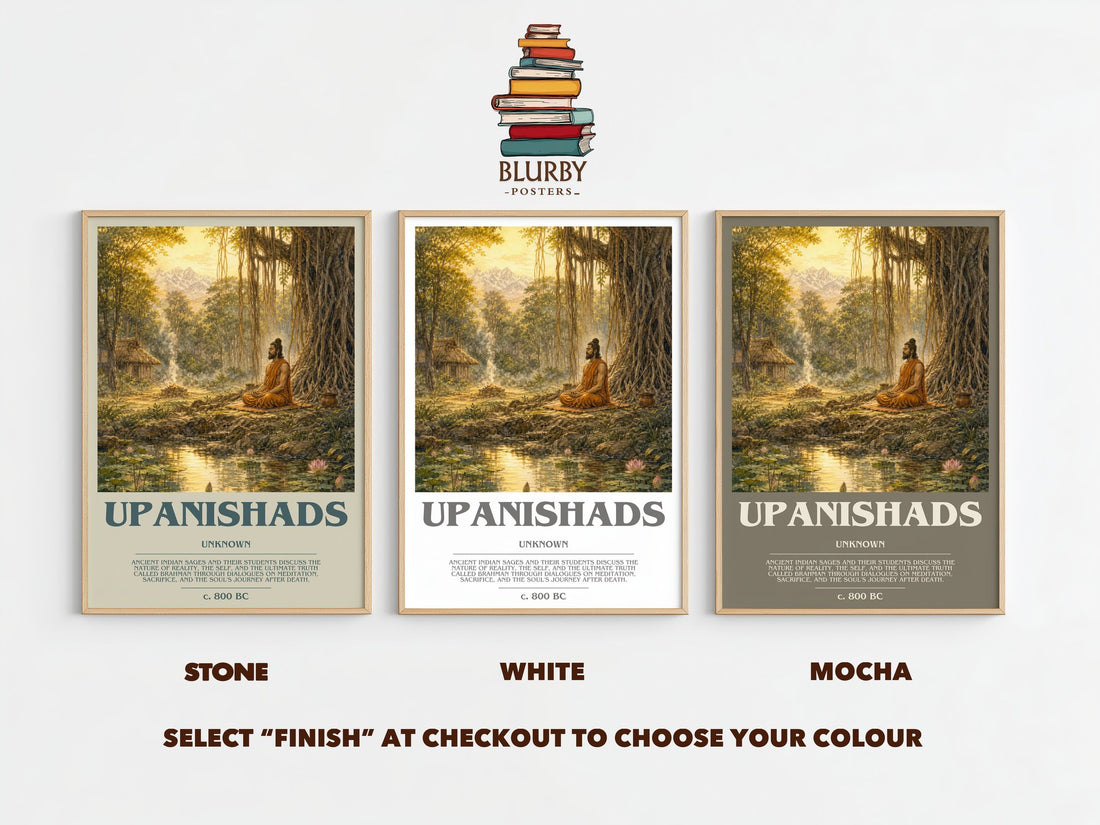 Upanishads bookish print framed by window – Stone, White and Mocha side by side – choose your colour