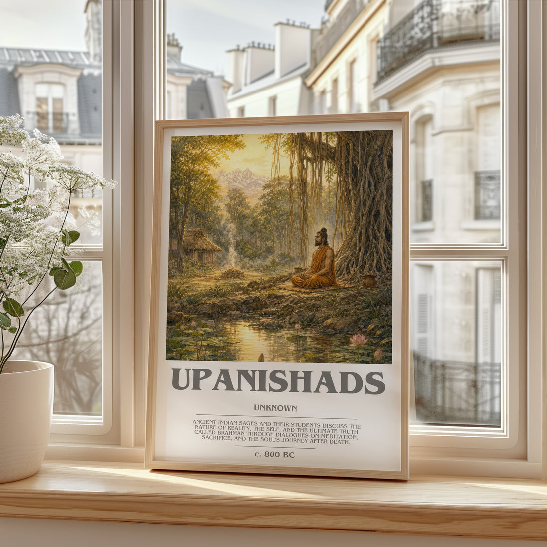 Upanishads bookish print in frame leaning in hallway – philosophy wall art