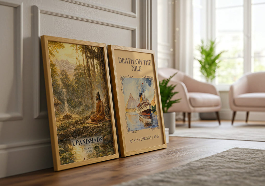 Upanishads watercolour print framed by window – literary home decor