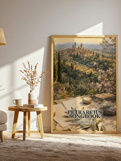 Petrarch's Songbook watercolour print in frame leaning in hallway – poetry wall art