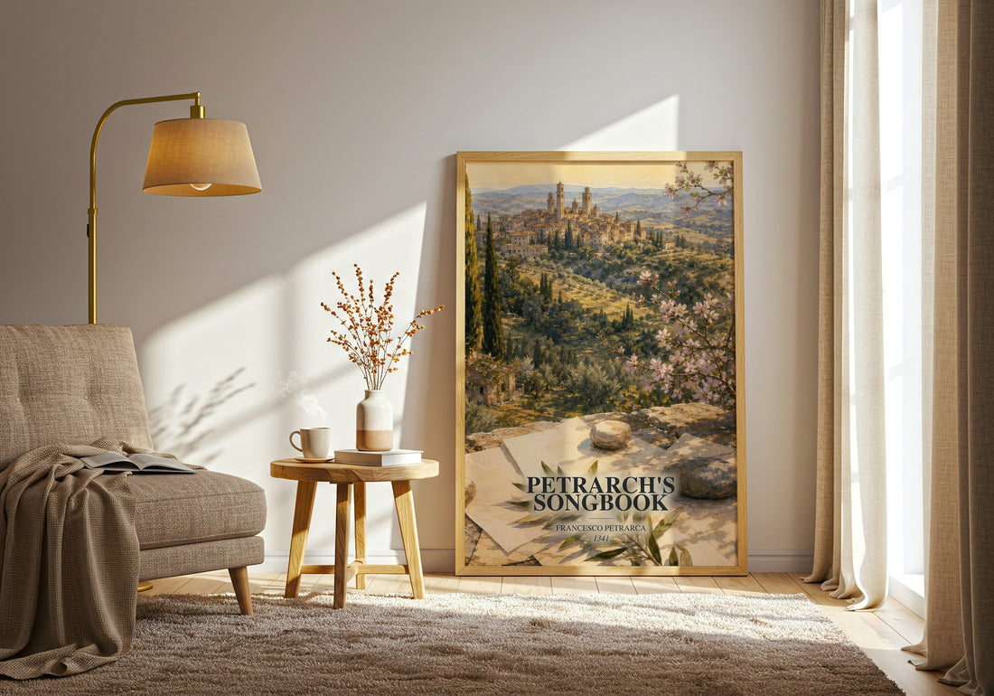 Petrarch's Songbook watercolour print in frame leaning in hallway – poetry wall art