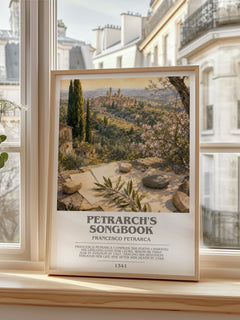 Petrarch's Songbook bookish print in frame leaning in hallway – poetry wall art