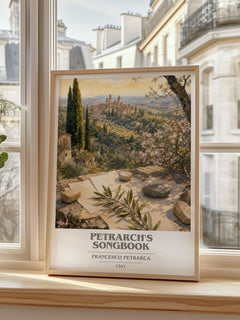 Petrarch's Songbook book cover print in frame leaning in hallway – poetry wall art