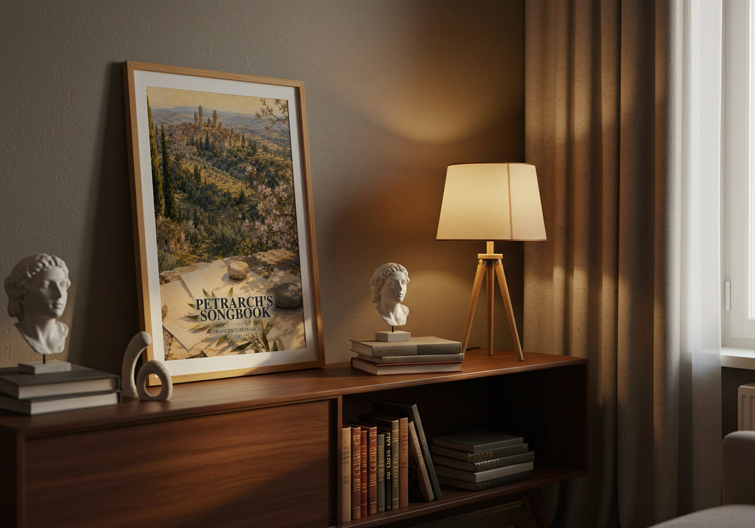 Petrarch's Songbook watercolour print on bookshelf – Francesco Petrarca fan gift