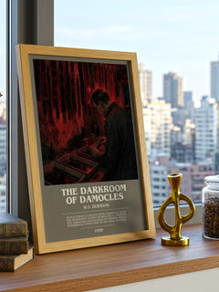 The Darkroom Of Damocles Bookish Wall Art by W.F. Hermans – framed print on a city-view windowsill