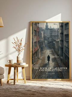 The Book of Laughter and Forgetting watercolour print in frame leaning in hallway – literary fiction wall art
