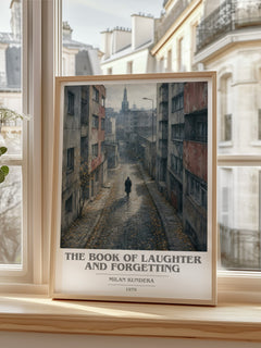 The Book of Laughter and Forgetting book cover print in frame leaning in hallway – literary fiction wall art