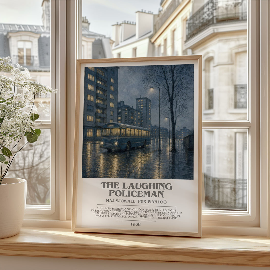 The Laughing Policeman Bookish Wall Art by Maj Sjöwall, Per Wahlöö – framed print by a bright window