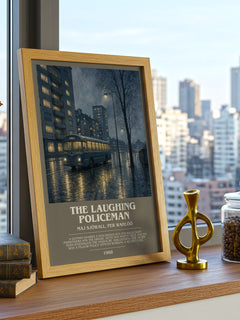 The Laughing Policeman Bookish Wall Art by Maj Sjöwall, Per Wahlöö – framed print on a city-view windowsill