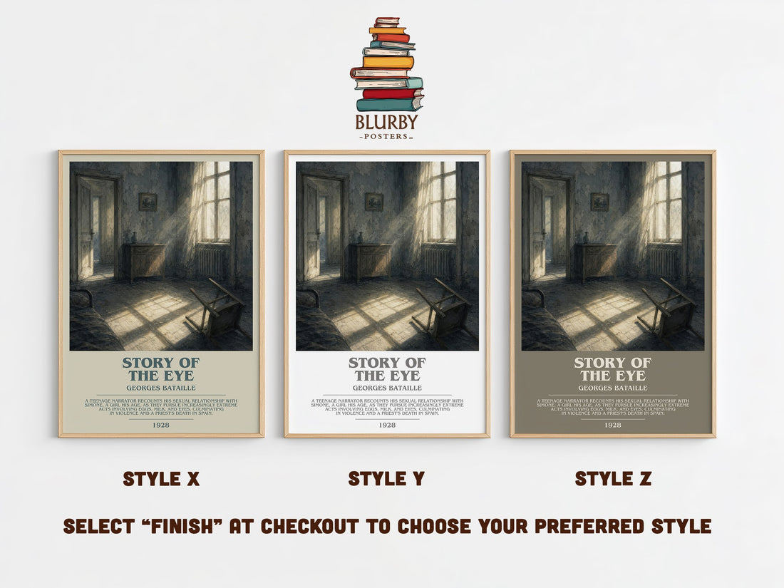 Story of the Eye Bookish Wall Art by Georges Bataille – Style X, Y and Z side by side – choose your finish