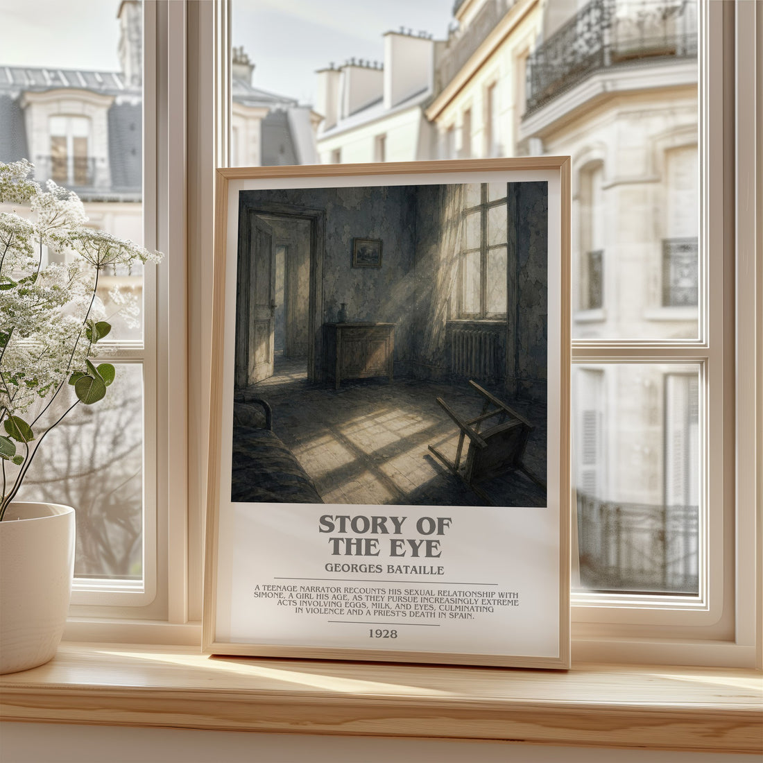 Story of the Eye Bookish Wall Art by Georges Bataille – framed print by a bright window