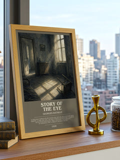 Story of the Eye Bookish Wall Art by Georges Bataille – framed print on a city-view windowsill