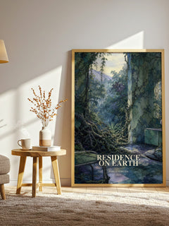 Residence on Earth watercolour print in frame leaning in hallway – poetry wall art