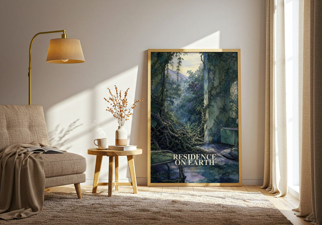 Residence on Earth watercolour print in frame leaning in hallway – poetry wall art