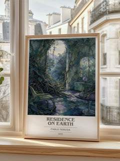 Residence on Earth book cover print in frame leaning in hallway – poetry wall art