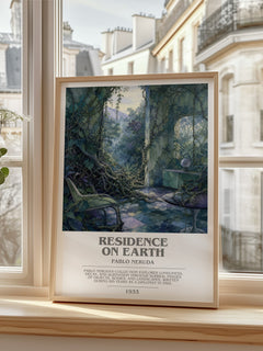 Residence on Earth bookish print in frame leaning in hallway – poetry wall art