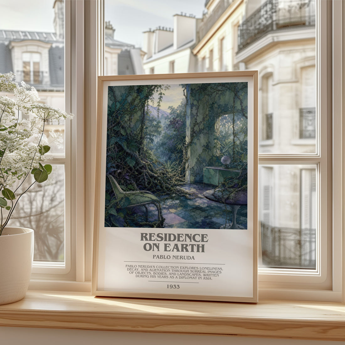 Residence on Earth bookish print in frame leaning in hallway – poetry wall art