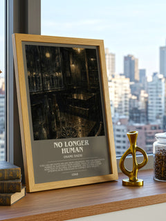 No Longer Human Bookish Wall Art by Osamu Dazai – framed print on a city-view windowsill
