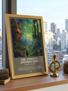 The Einstein Intersection Bookish Wall Art by Samuel R. Delany – framed print on a city-view windowsill