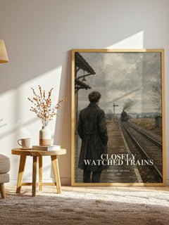 Closely Watched Trains watercolour print in frame leaning in hallway – literary fiction wall art