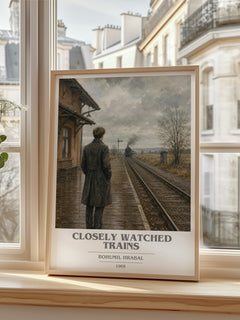 Closely Watched Trains book cover print in frame leaning in hallway – literary fiction wall art