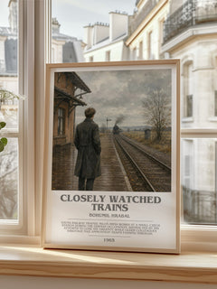 Closely Watched Trains bookish print in frame leaning in hallway – literary fiction wall art