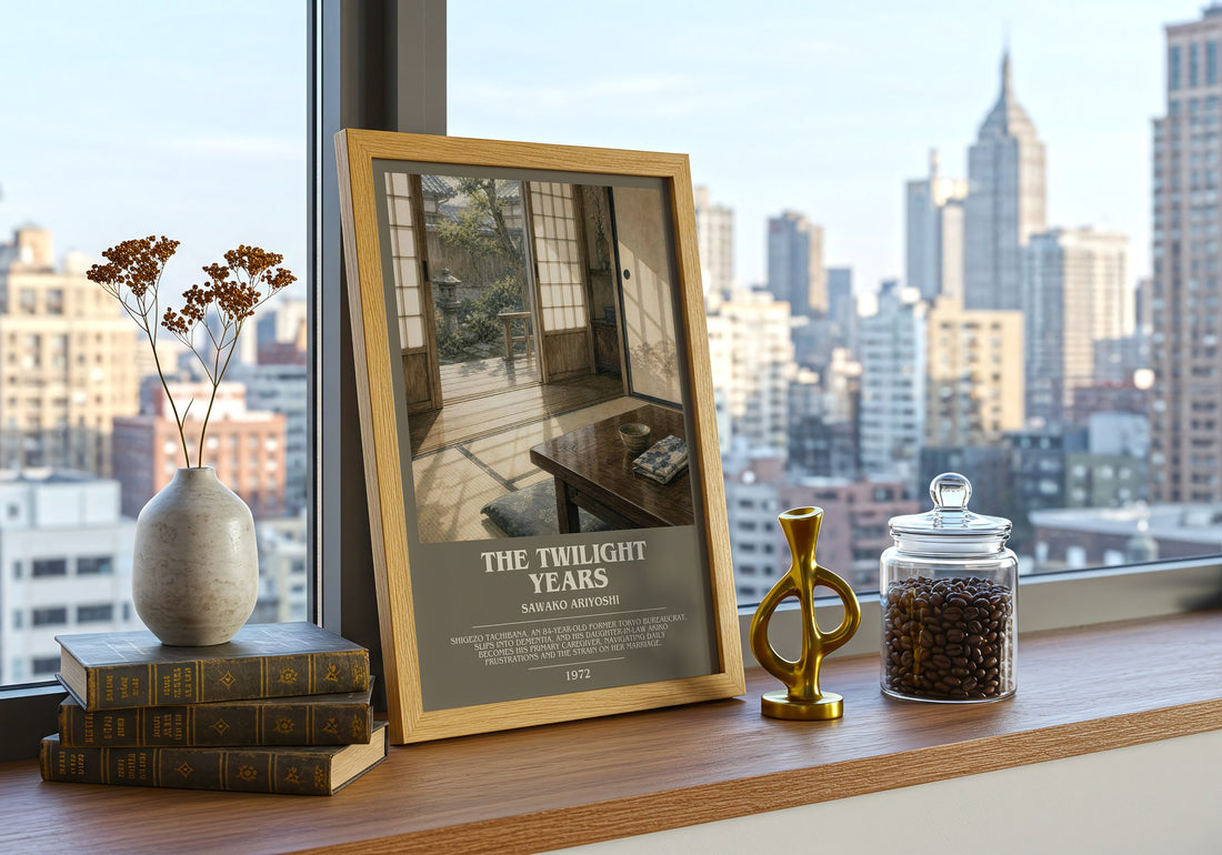 The Twilight Years Bookish Wall Art by Sawako Ariyoshi – framed print on a city-view windowsill