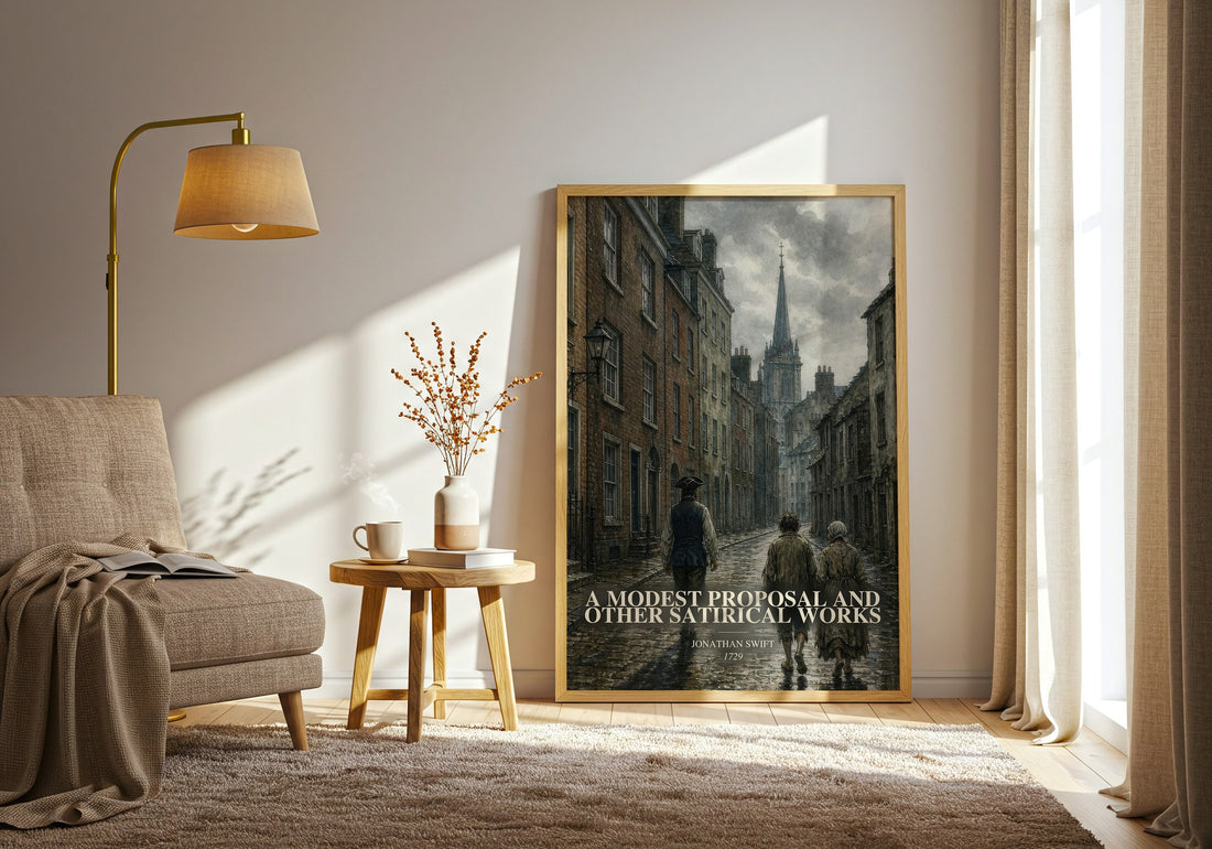 A Modest Proposal and Other Satirical Works watercolour print in frame leaning in hallway – satire wall art