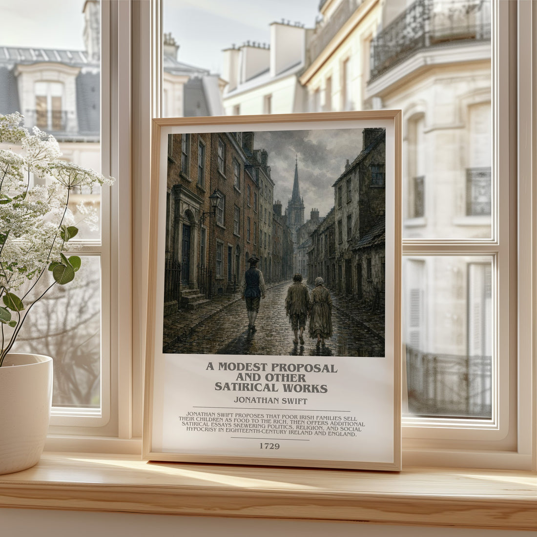 A Modest Proposal and Other Satirical Works bookish print in frame leaning in hallway – satire wall art