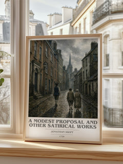 A Modest Proposal and Other Satirical Works book cover print in frame leaning in hallway – satire wall art