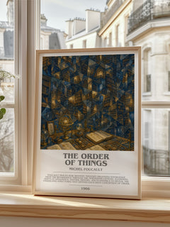 The Order of Things bookish print in frame leaning in hallway – philosophy wall art