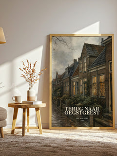 Terug naar Oegstgeest watercolour print in frame leaning in hallway – literary fiction wall art