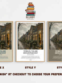 Terug naar Oegstgeest bookish print framed by window – literary home decor