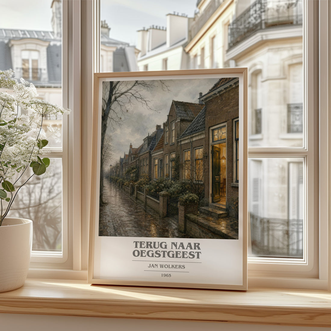Terug naar Oegstgeest book cover print in frame leaning in hallway – literary fiction wall art