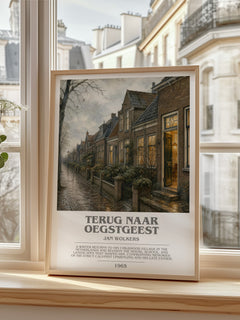 Terug naar Oegstgeest bookish print in frame leaning in hallway – literary fiction wall art