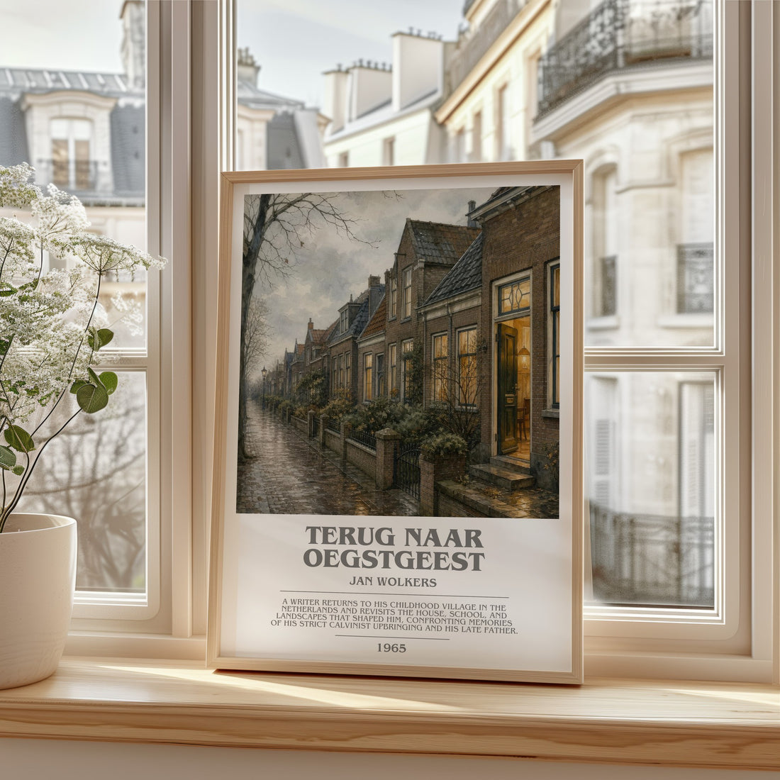 Terug naar Oegstgeest bookish print in frame leaning in hallway – literary fiction wall art