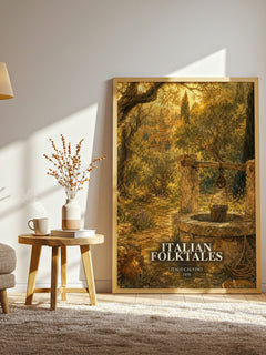 Italian Folktales watercolour print in frame leaning in hallway – __new__:mythology wall art