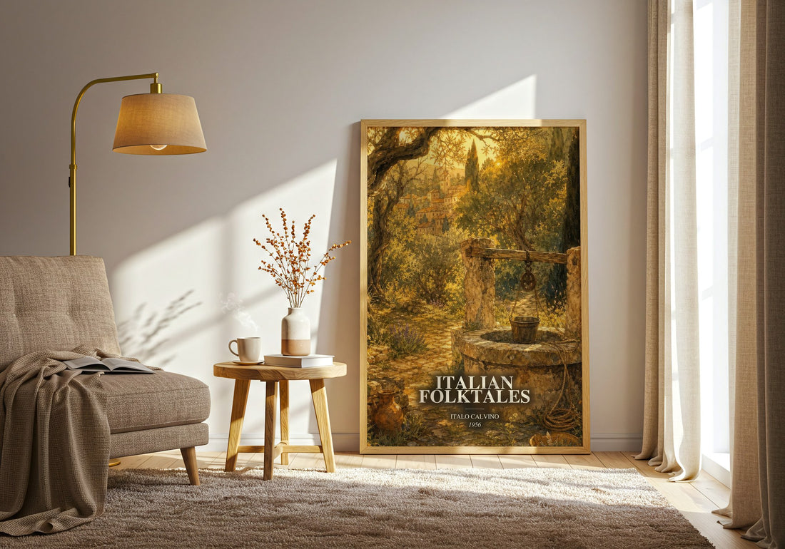 Italian Folktales watercolour print in frame leaning in hallway – __new__:mythology wall art