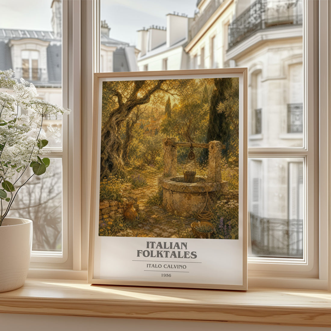 Italian Folktales book cover print in frame leaning in hallway – __new__:mythology wall art