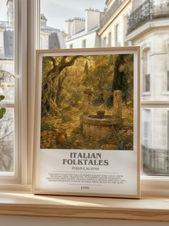 Italian Folktales bookish print in frame leaning in hallway – __new__:mythology wall art